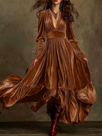 Retro High-End V-Neck Velvet Ruffle Large Swing Dress Flowering Girl
