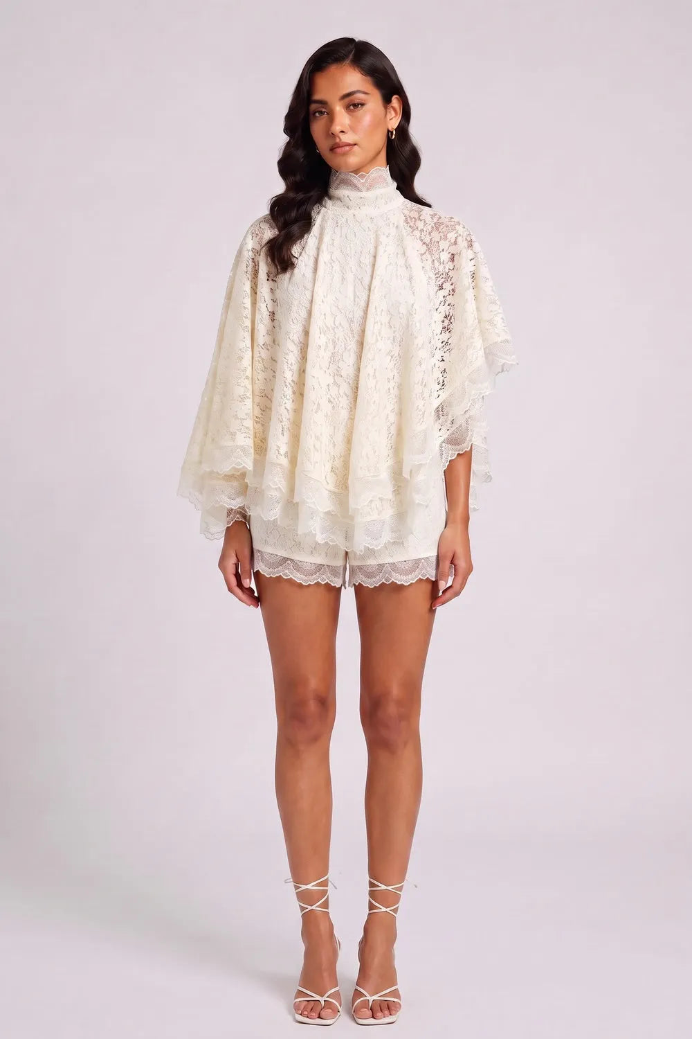 Cream Lace High Neck Tiered Ruffle Cape Blouse & Lace Shorts Two-Piece Set Flowering Girl