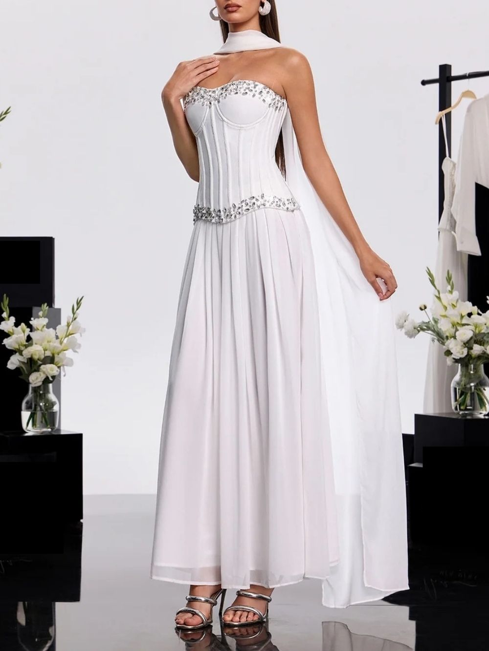 Zeldran Scarf Strapless Crystal Maxi Dress Flowering Girl
