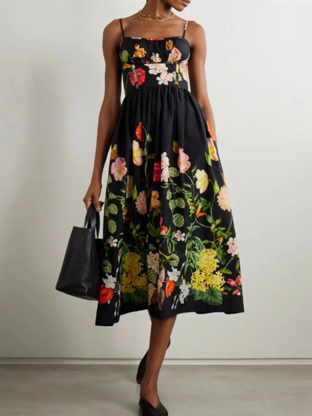 Meaza Black Spaghetti Printed Midi Dress Flowering Girl