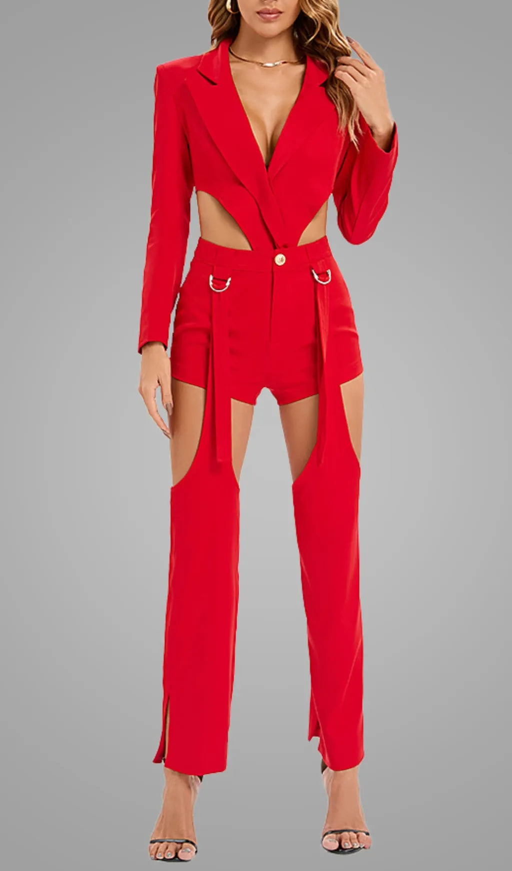 Cutout Backless Three Piece Set In Red Flowering Girl