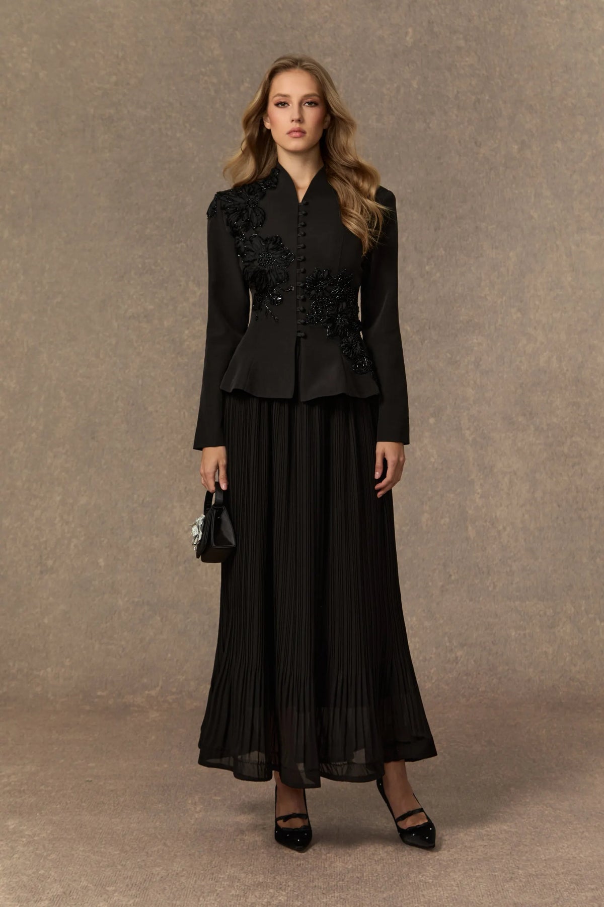 3D Beaded Floral Stand Collar Peplum Jacket & Pleated Chiffon Maxi Skirt Two-Piece Set Flowering Girl