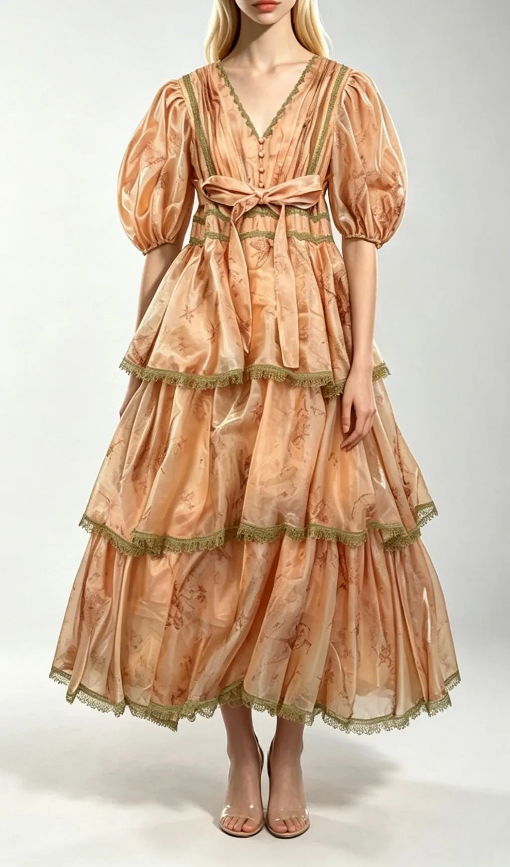 Kirsten Orange Printed Puff Sleeve Midi Dress Flowering Girl