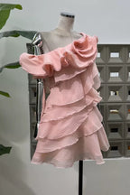 Shelyn Flower One Shoulder Ruffle Mini Dress - Pink Flowering Girl