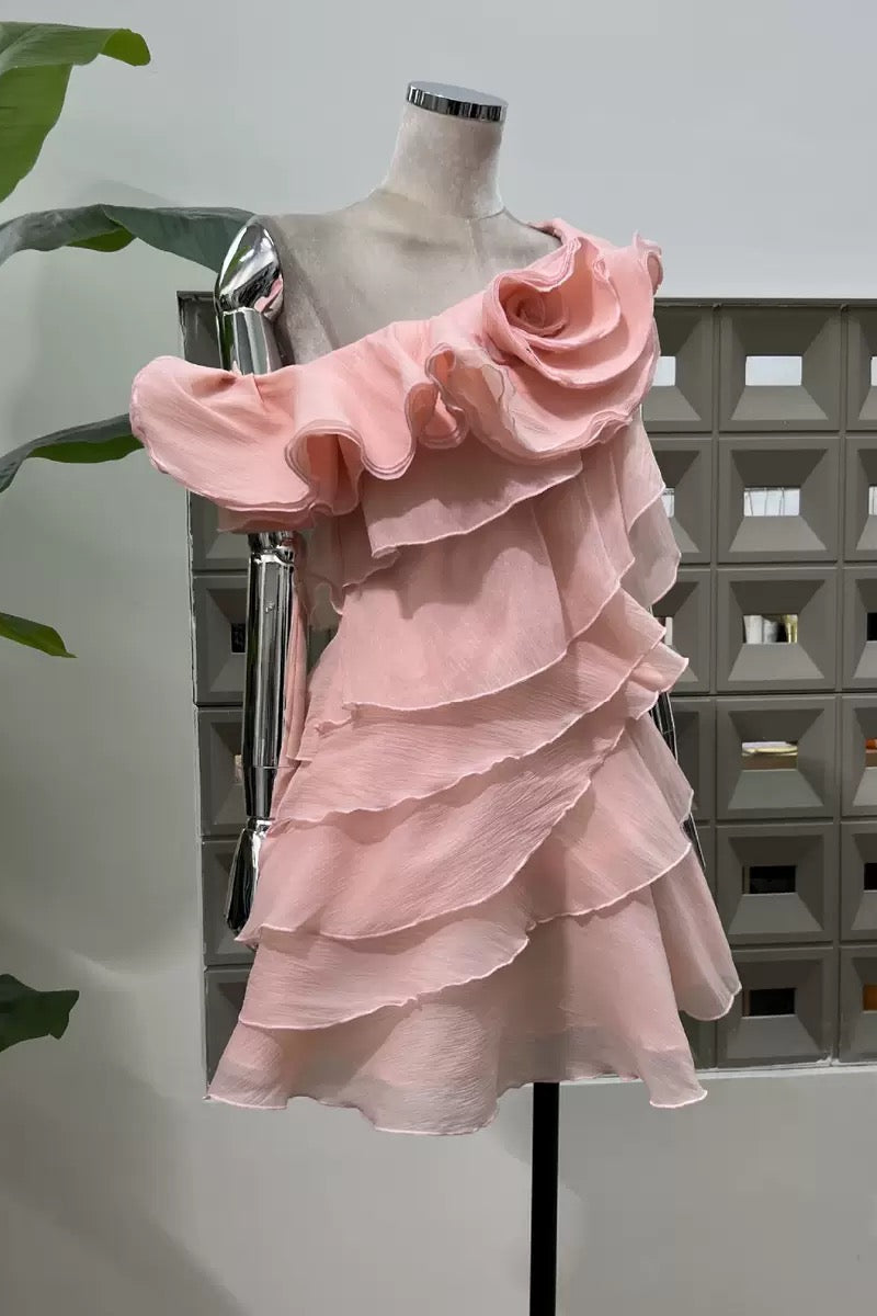 Shelyn Flower One Shoulder Ruffle Mini Dress - Pink Flowering Girl