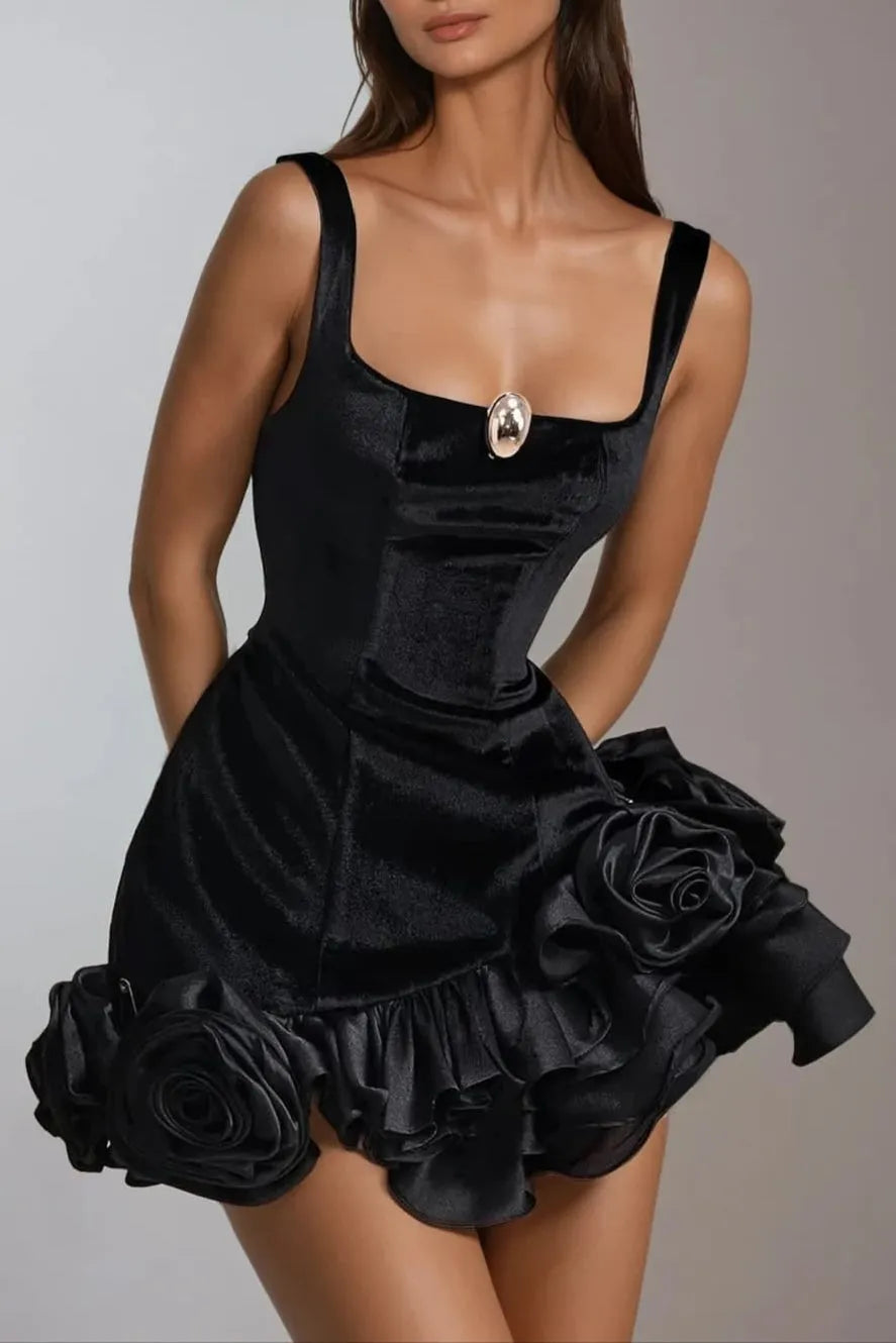 Renata Square Neck Flower Velvet Mini Dress Flowering Girl