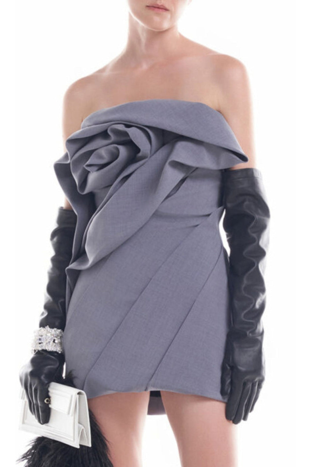 Alisa Strapless Flower Mini Dress In Gray Flowering Girl