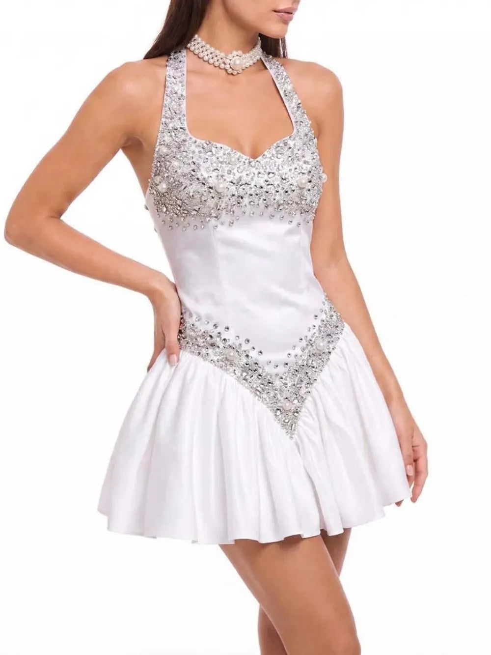 Jorvexa Halterneck Embellished Mini Dress Flowering Girl