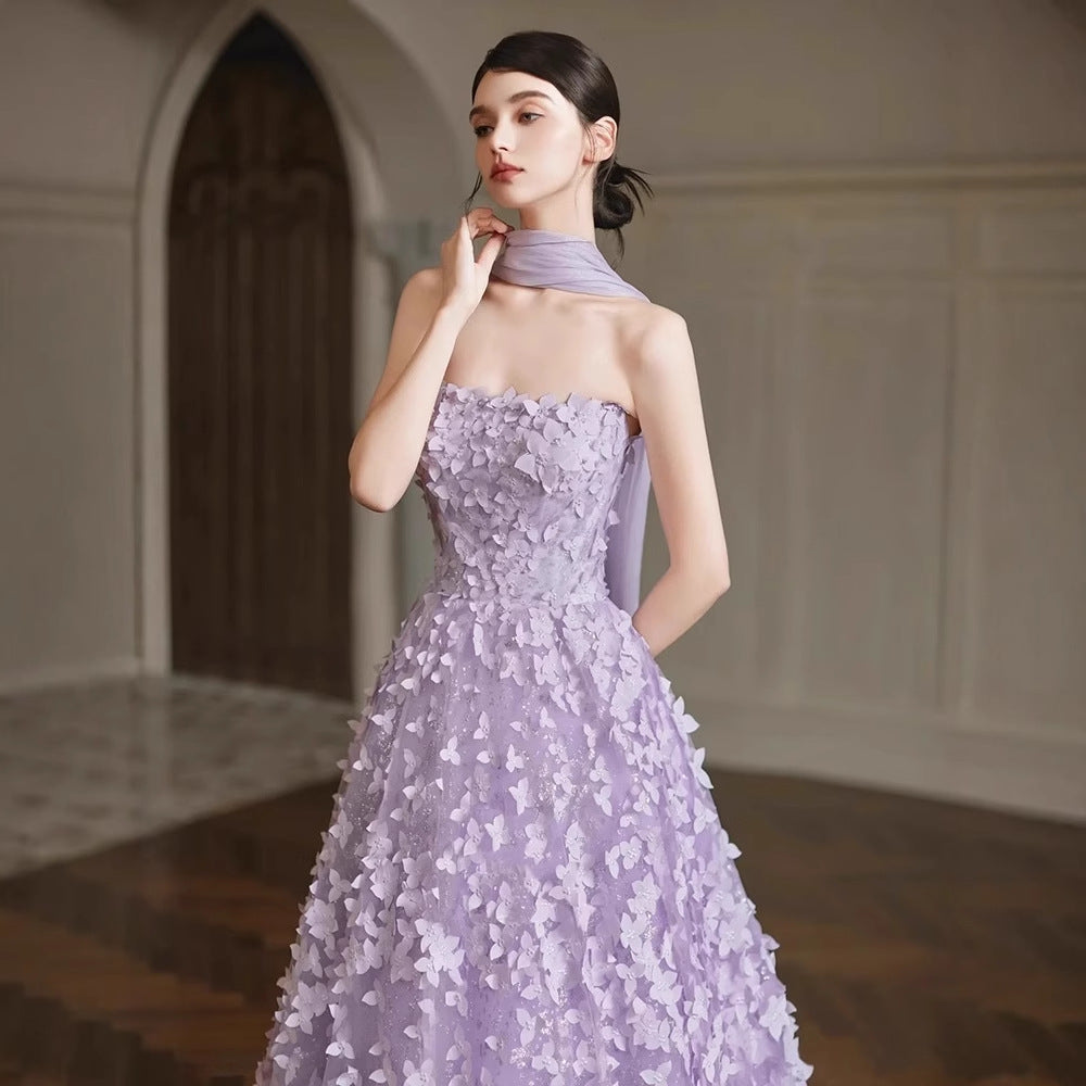 Arlene Floral Strapless Evening Gown - Purple Flowering Girl