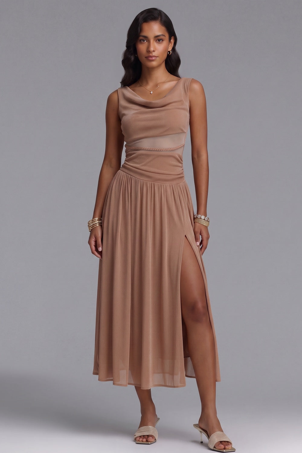 Beige Lightweight Jersey Fit-and-Flare Midi Dress Flowering Girl