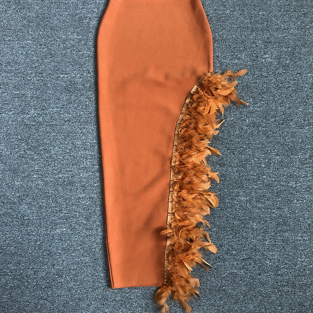 Ostrich Feather Bandage Dress With V-Neckline In Brown Flowering Girl