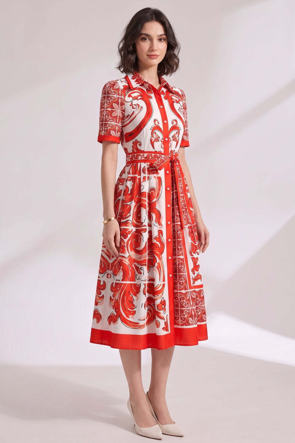 Printed Structured Cotton Or Silk Blend A-Line, Fit-And-Flare Shirt Dress Flowering Girl