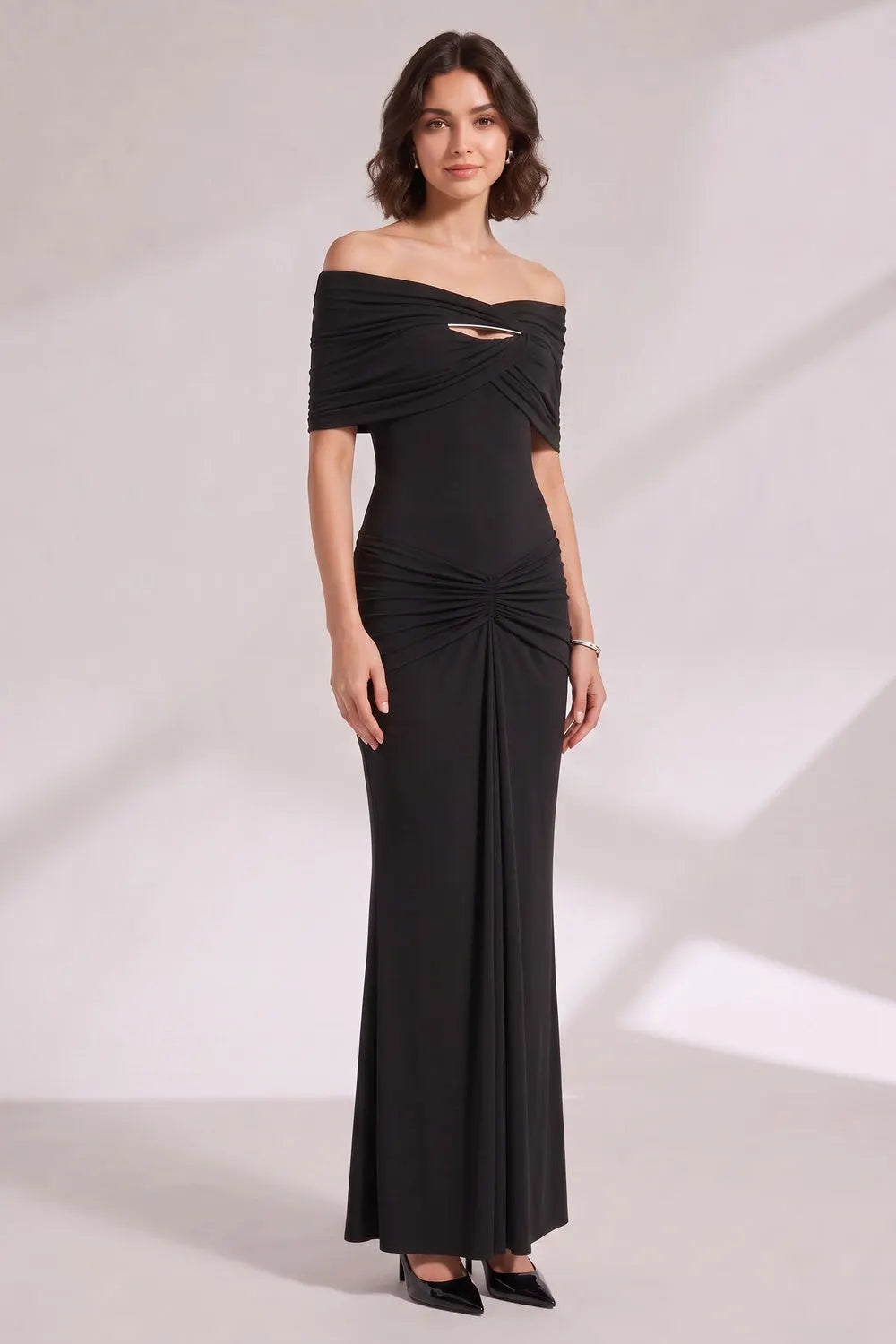 Off‑Shoulder Ruched Black Maxi Evening Gown Flowering Girl