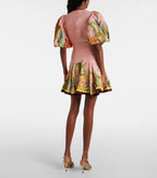 V-Neck Puff Sleeve Cotton Linen Printed Mini Dress - Pink Flowering Girl