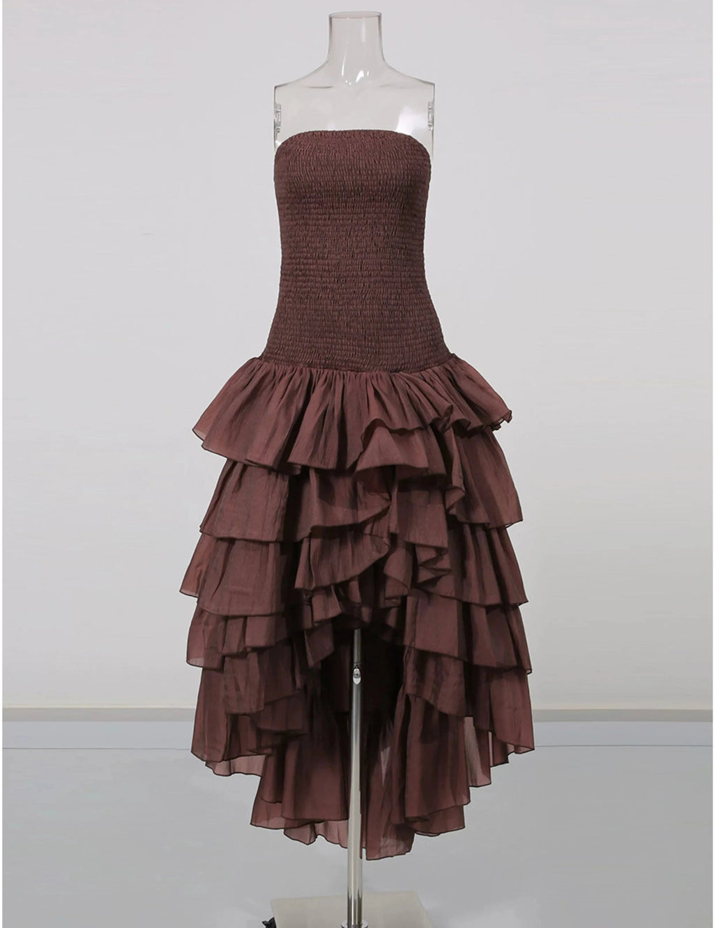Strapless Smocked Tiered High Low Midi Dress Flowering Girl