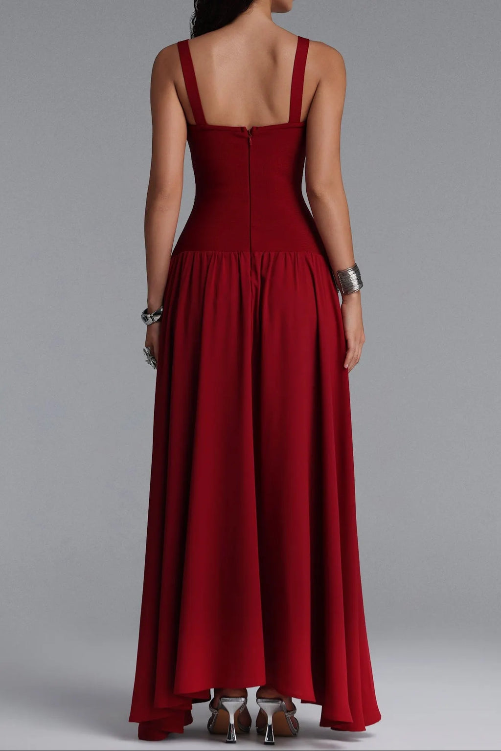 Square Strap Grid Rhinestone Pearl Flowy Maxi Dress Flowering Girl