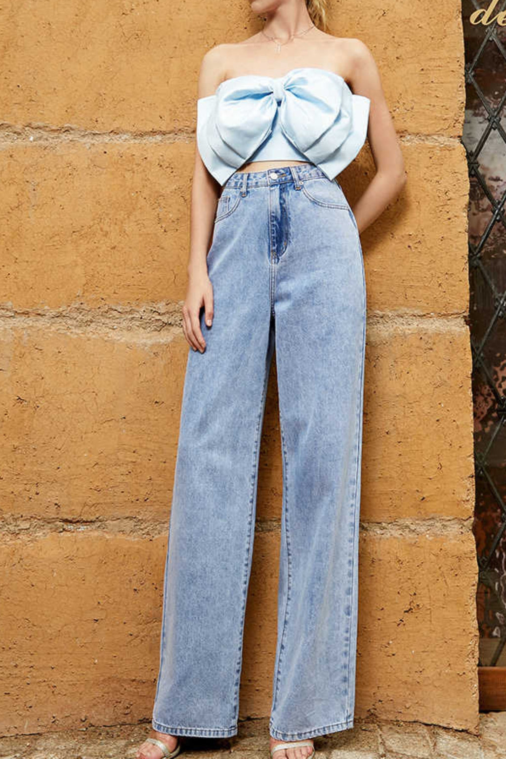 Bow Strapless Top In Blue Flowering Girl