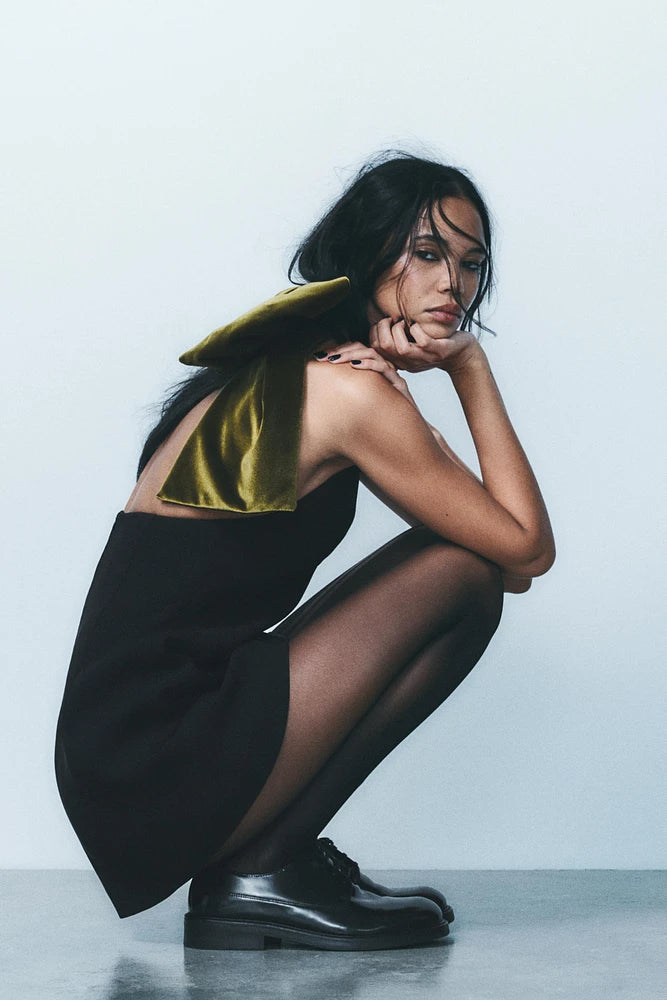 Velvet Bow Mini Dress In Black Flowering Girl