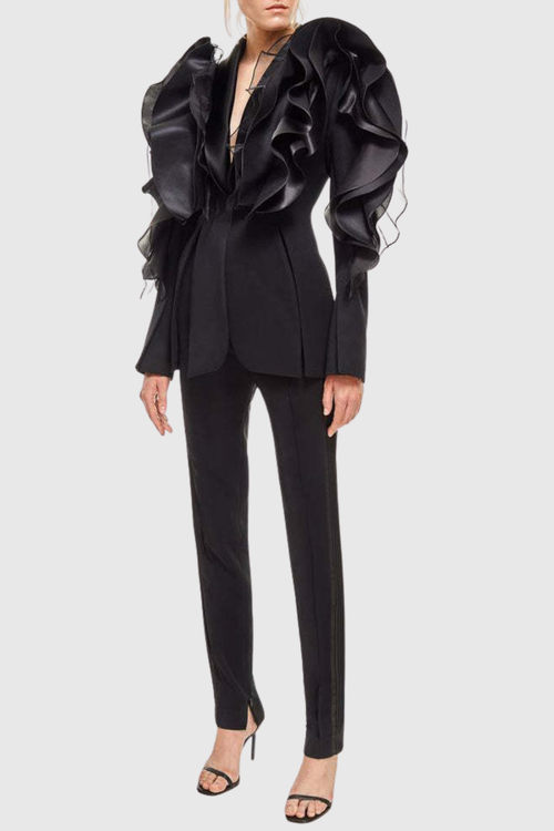 Ashley Ruffle Embellished Blazer In Black Flowering Girl