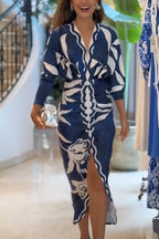 Unique Print Dolman Long Sleeve Ruched Slit Midi Dress Flowering Girl