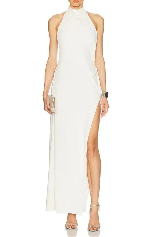 Sharon Halter Backless High Slit Diamond Maxi Dress In White Flowering Girl
