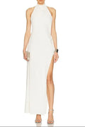 Sharon Halter Backless High Slit Diamond Maxi Dress In White Flowering Girl