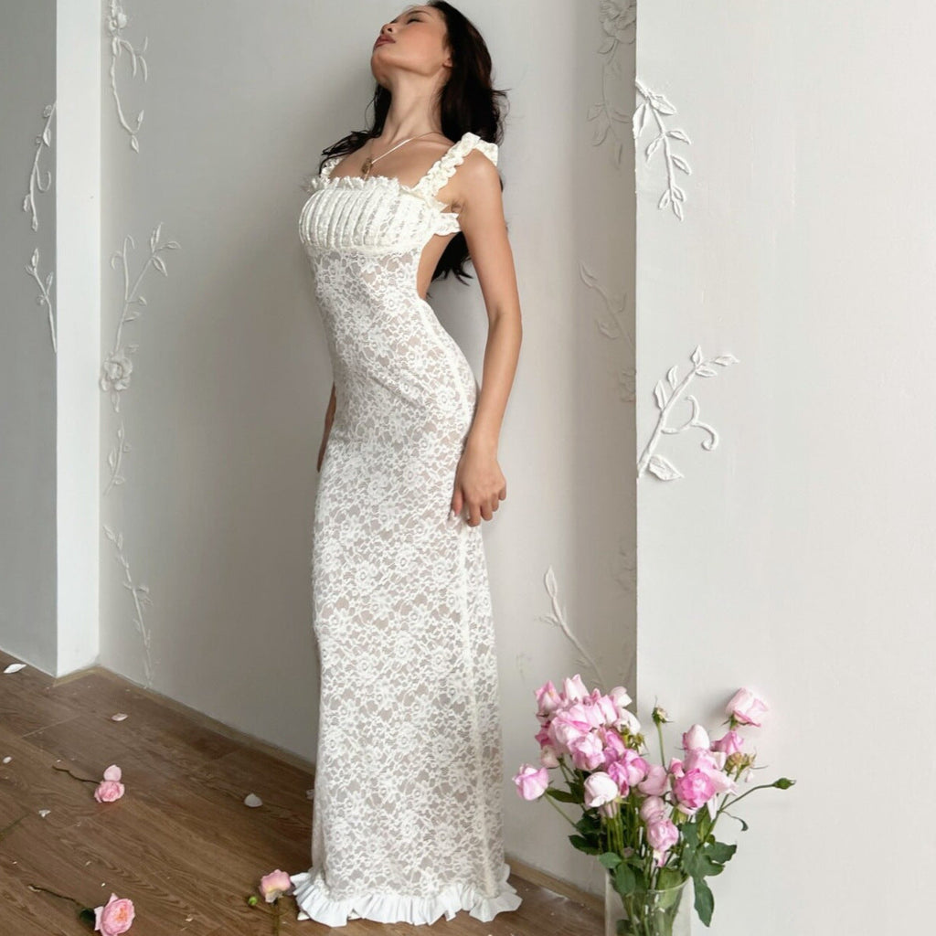 Georgia Lace Bodycon Slip Maxi Dress In White Flowering Girl