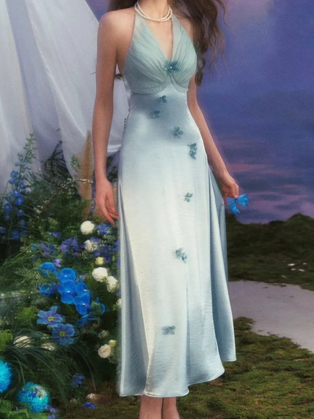 Malone Blue Satin Halter Flower Embellished Maxi Dress Flowering Girl