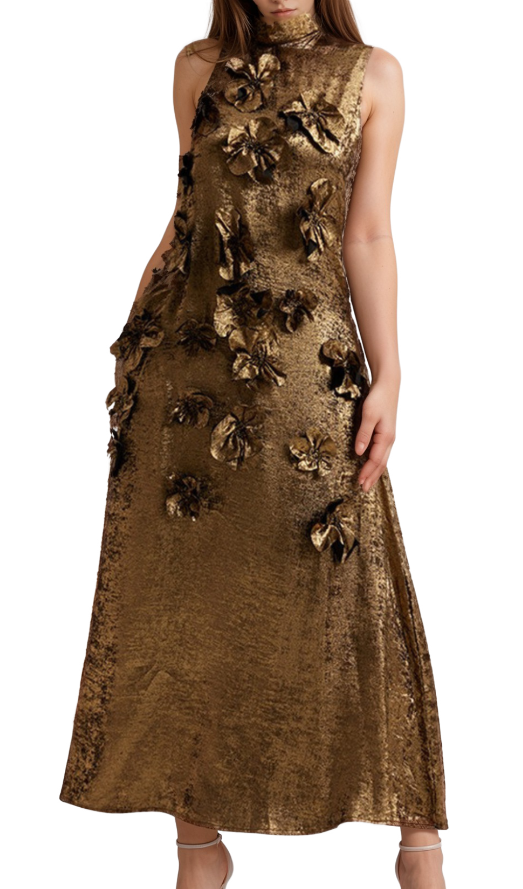 adela 3d floral embellished maxi dress in gold Flowering Girl