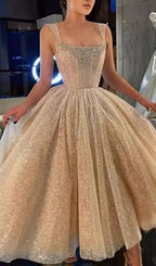 Square Neck Rhinestone Sequin Puffy Midi Dress Flowering Girl