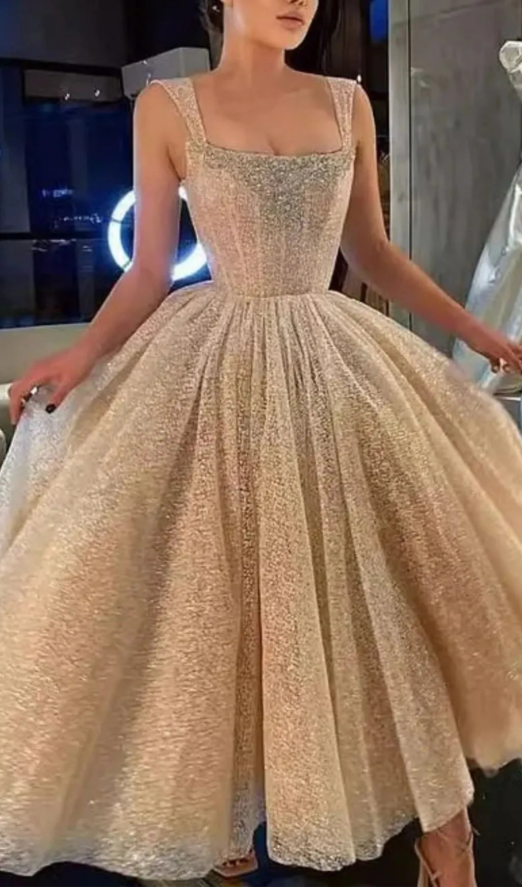 Square Neck Rhinestone Sequin Puffy Midi Dress Flowering Girl