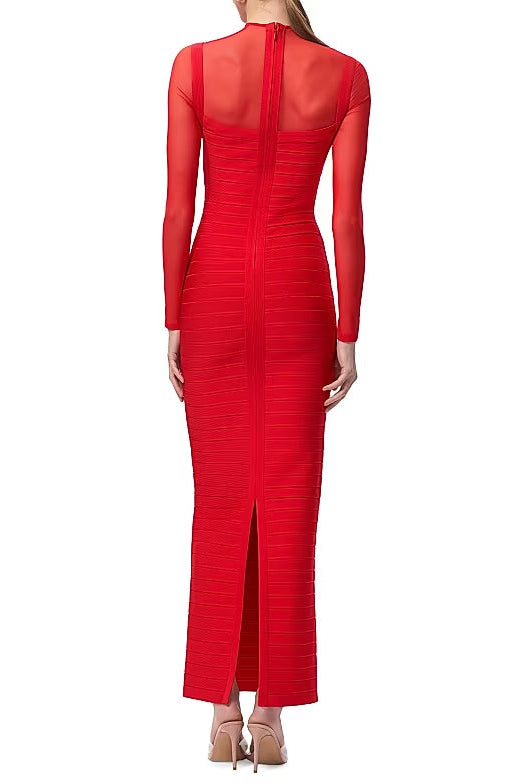 Tina Red Long-Sleeve Mesh See-Through Bandage Maxi Dress Flowering Girl