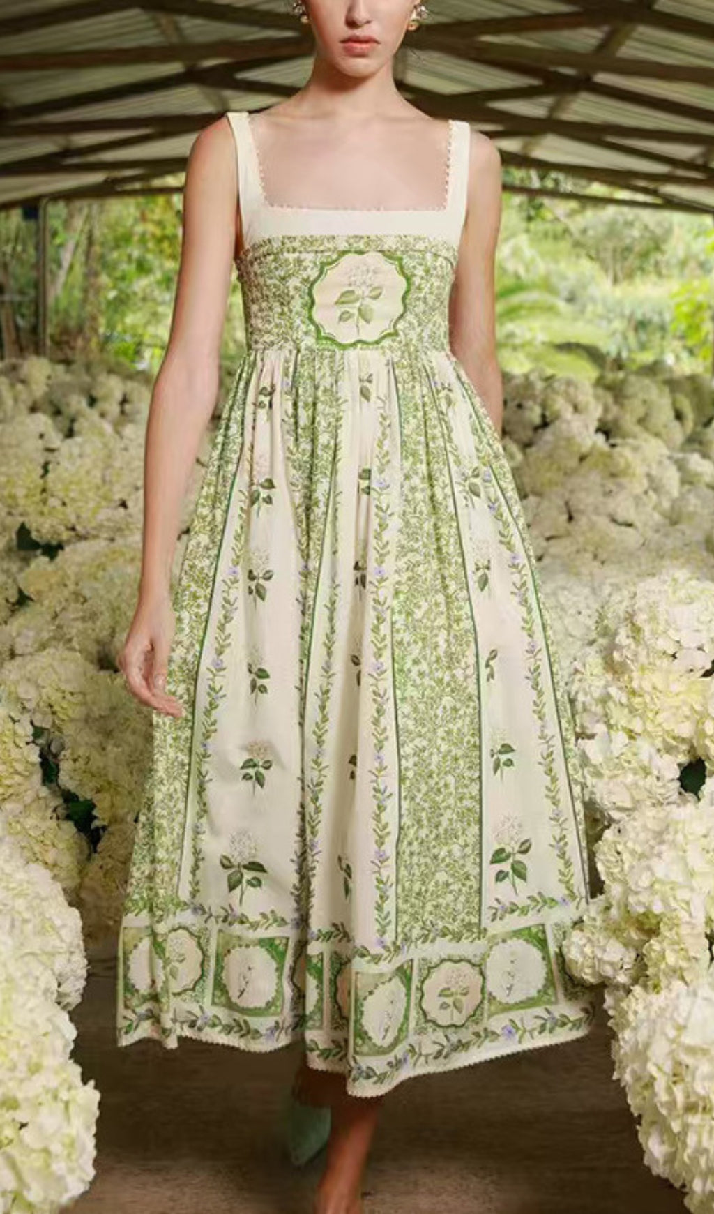 Eleazar Green Flower Printed Midi Dress Flowering Girl