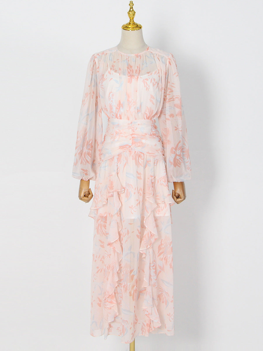 puff long sleeve tiered ruffle hem maxi dress in pink Flowering Girl