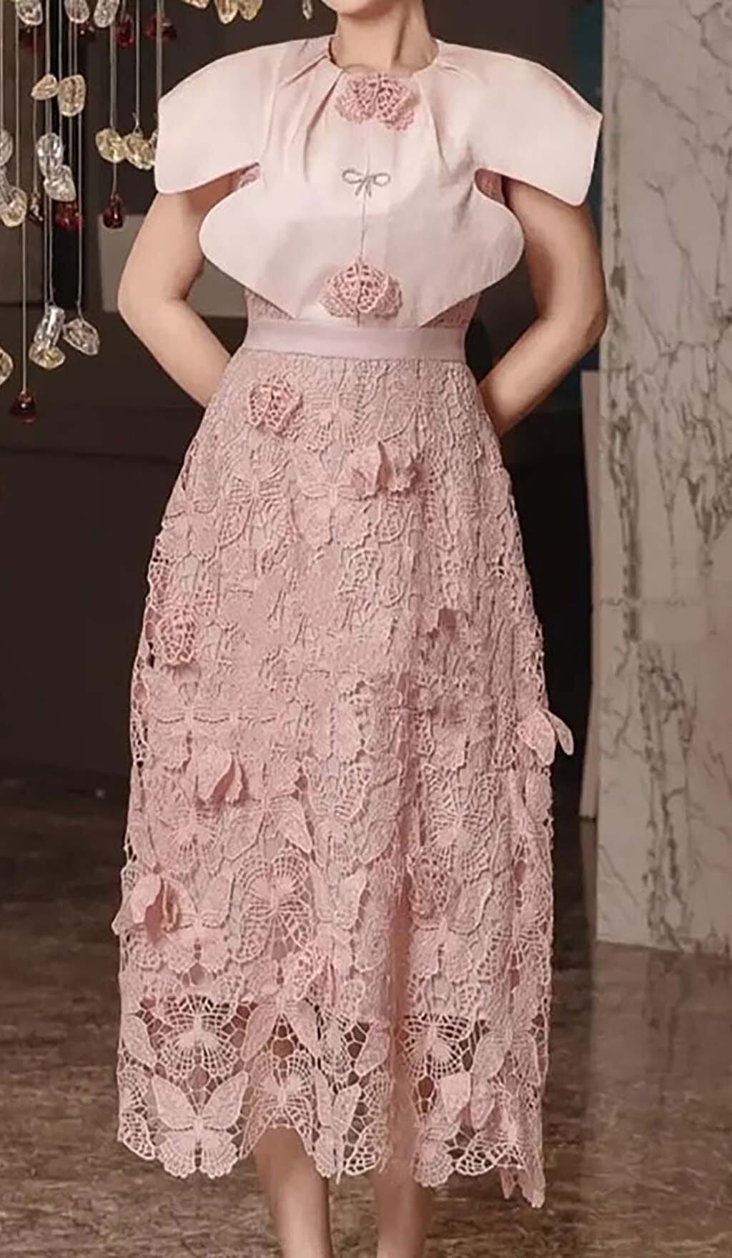 Butterfly Embroidery Cloak Sleeve Midi Dress In Pink