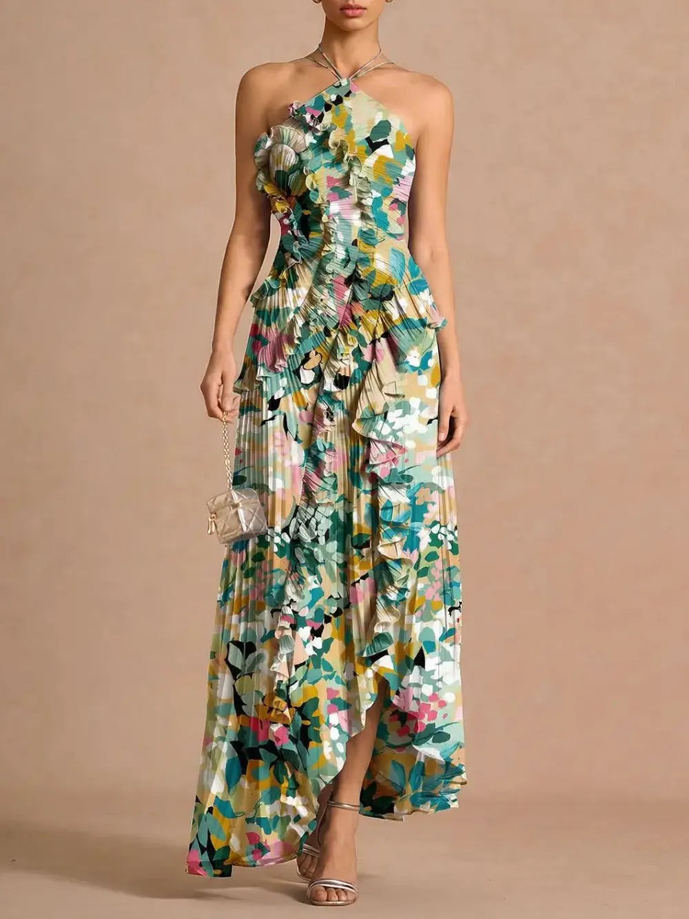 Finneas Peppermint Green Halter Pleated Maxi Dress Flowering Girl