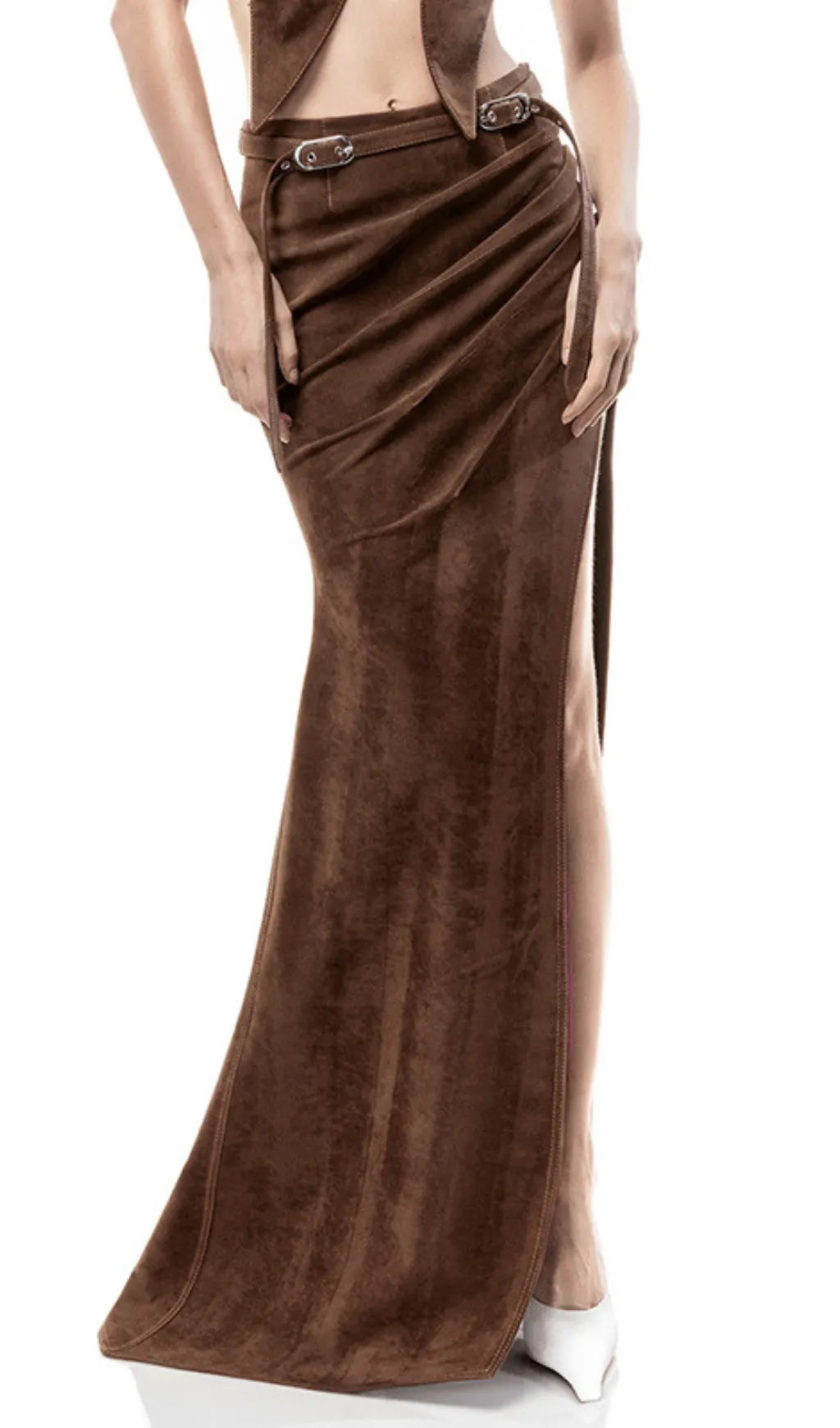 Giovana Brown Ruched Slit Maxi Skirt Flowering Girl
