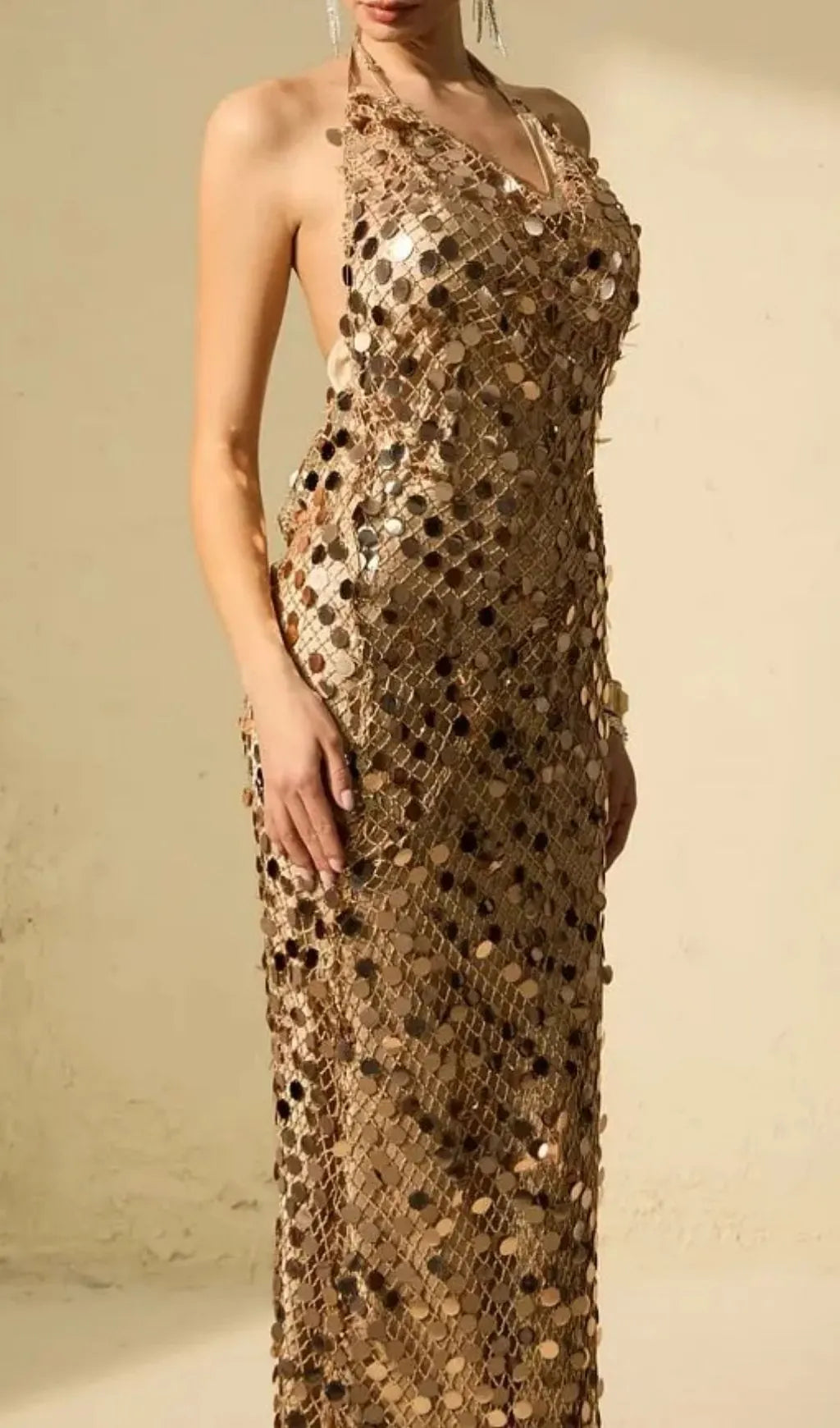 Jennifer Gold Sequin Fishnet Backless Maxi Dress Flowering Girl