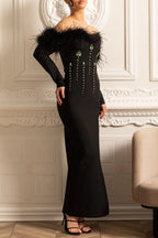 Lara Sequin High Slit Feather Adorned Maxi Dress - Black Flowering Girl