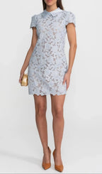 Sylvia Light Blue Floral Lace Hollow Mini Dress With Satin Collar Flowering Girl