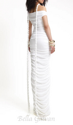 cara white off-shoulder ruched bodycon maxi dress with rope embellished Flowering Girl