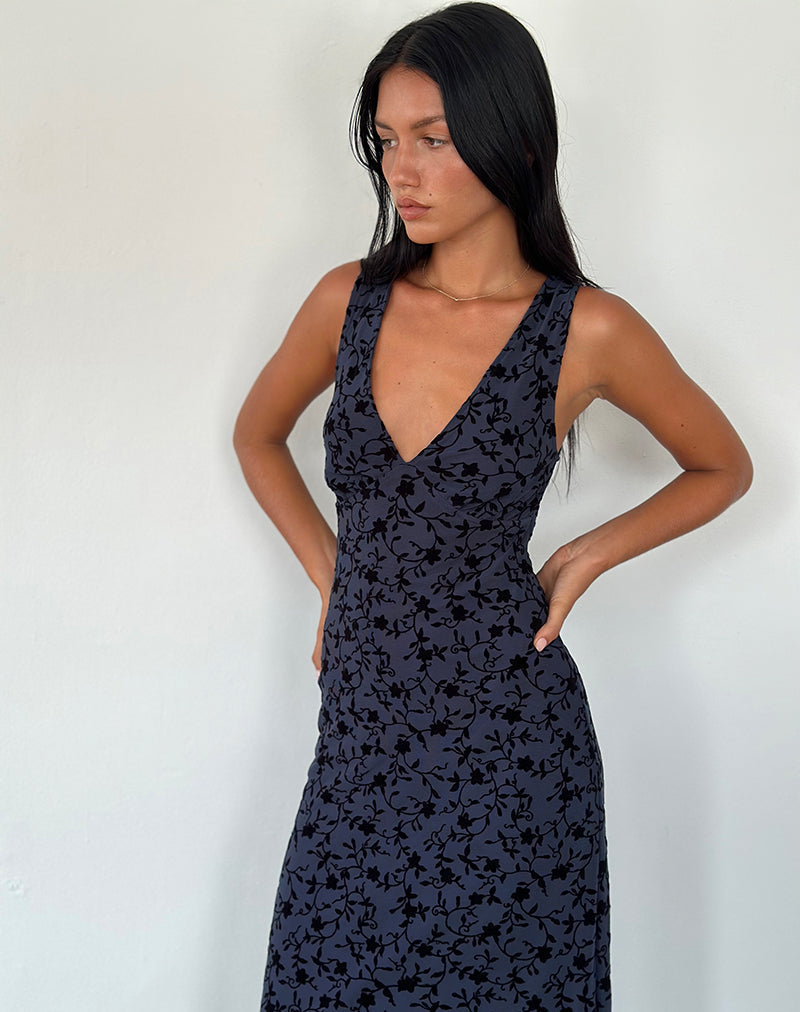 Gabriela Midi Dress In Flocked Petal Navy Flowering Girl