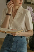 White Embroidered Lace Short Sleeve Shirt Top Flowering Girl