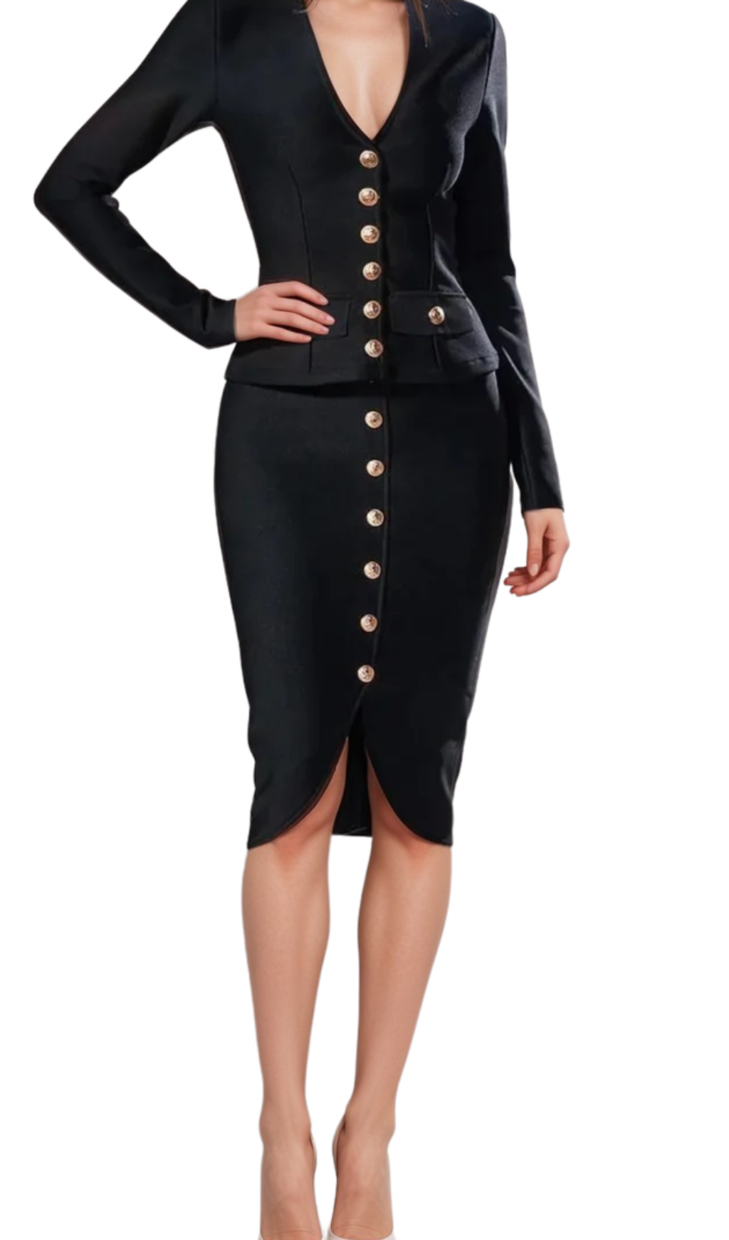 bonnie Long Sleeve Single Breasted Bandage Set in black Flowering Girl