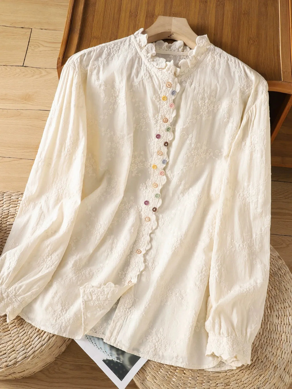Xaviera Classic Ruffle Collar Hollowed Embroidered Top Flowering Girl