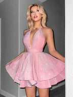 Virginia A Line Halter Tiered Mini Dress In Pink Flowering Girl
