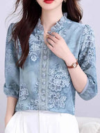 Simona Classic Auricular Collar Printed Chiffon Top Flowering Girl