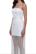 Strapless Crisscross Pearl Beaded Sheer Mesh Maxi Dress Flowering Girl