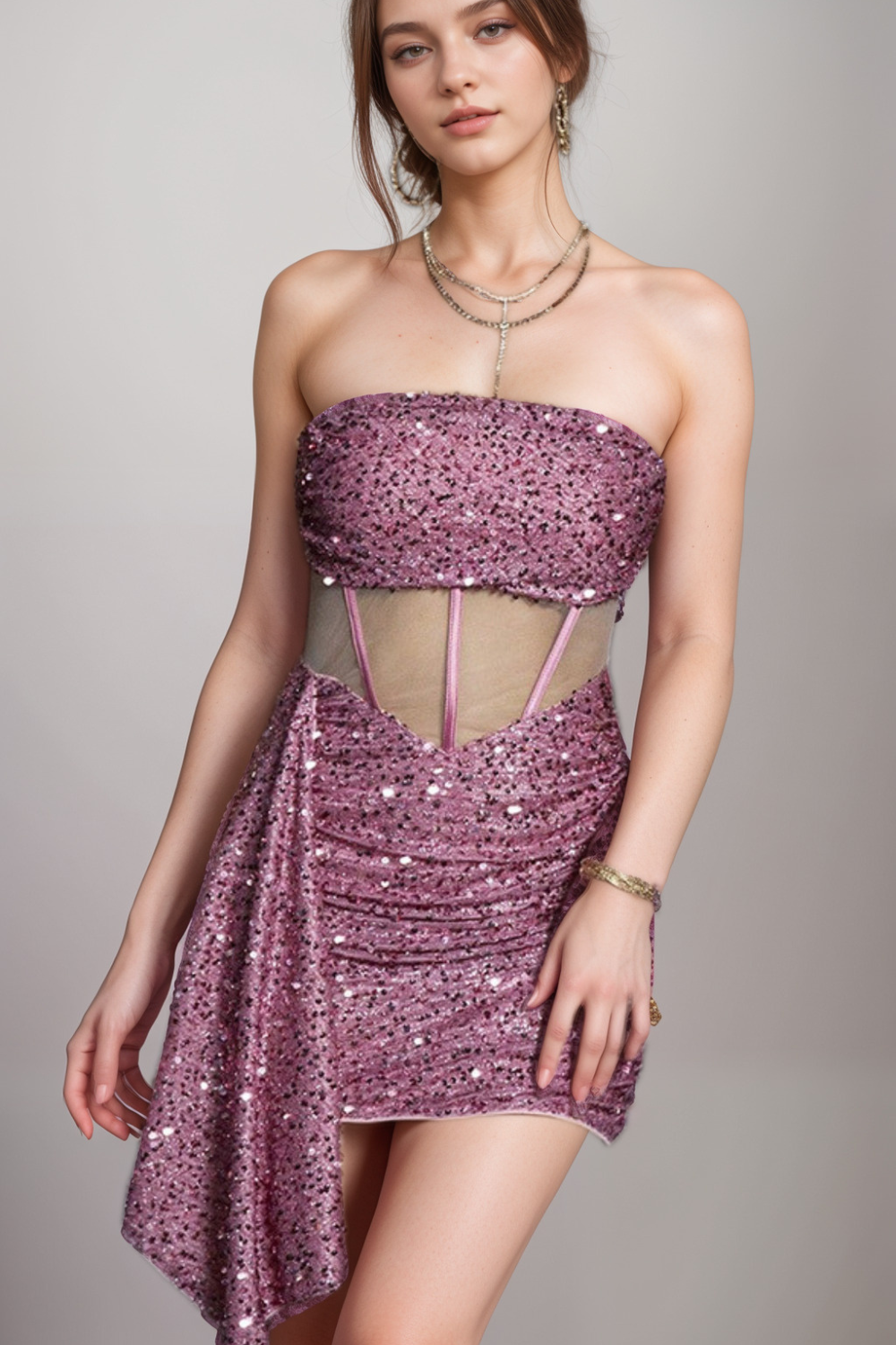 Sequin Mesh Ruched Mini Dress Flowering Girl