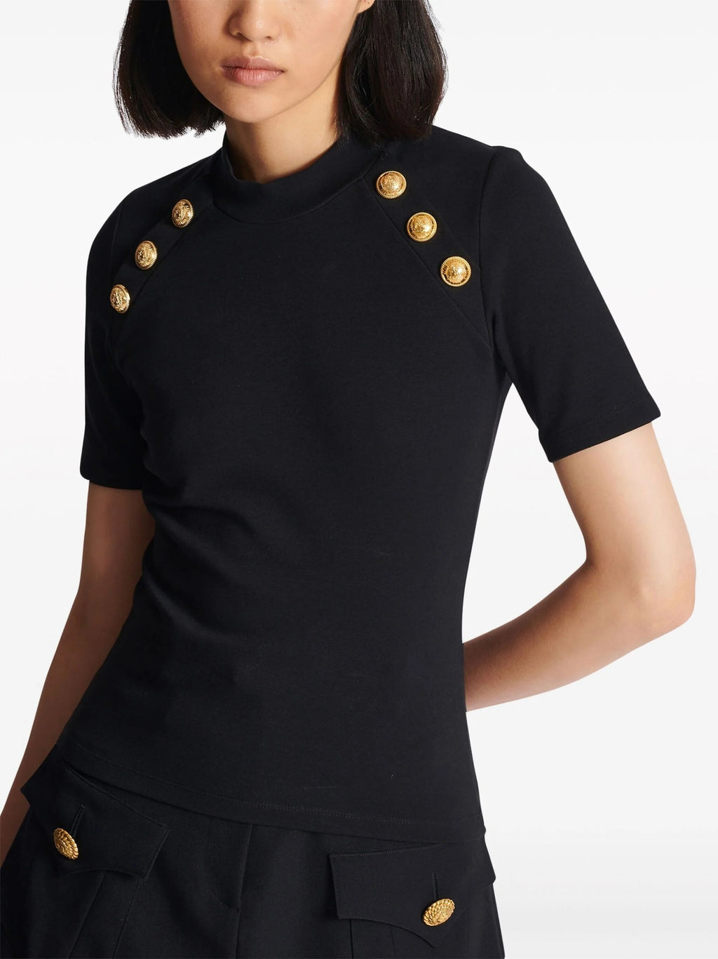 BLACK BUTTON-EMBELLISHED KNITTED T-SHIRT Flowering Girl